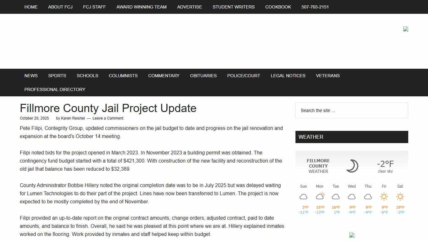 Fillmore County Jail Project Update