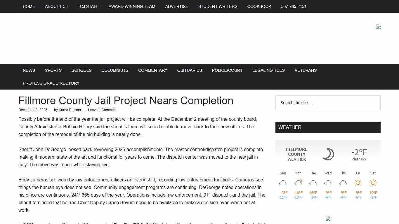 Fillmore County Jail Project Nears Completion